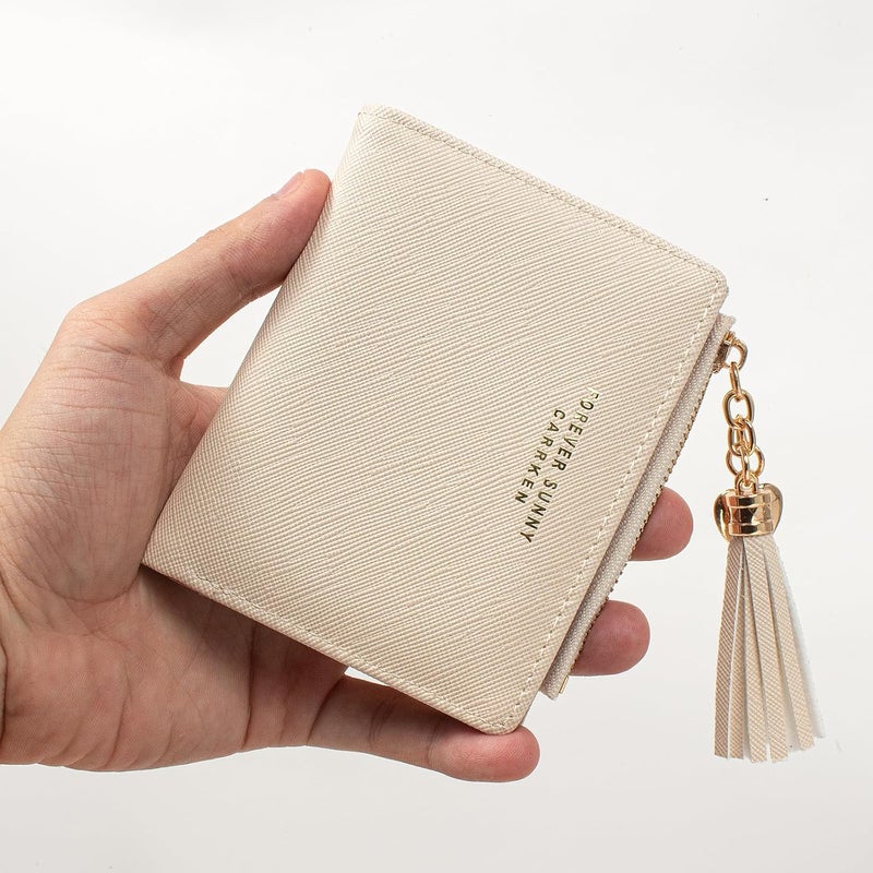 KOTORA Womens Small Wallet Girls Tiny Slim Wallets Pretty Mini Card Holder Thin Short Zip Coin Purse with Love Pendant and Tassels (Beige) - Image 5
